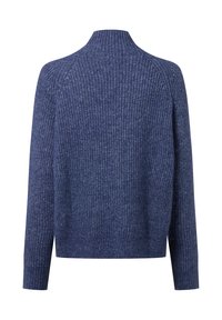 Blauw gebreid sweater met lange mouwen en een geribbelde opstaande kraag, getoond van achteren op een witte achtergrond.
