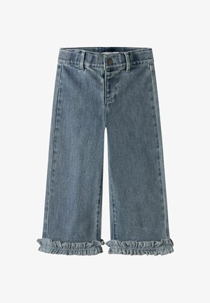 Modré krátke nohavice z denimu so zapínaním na gombík a volánikovými lemami, široký strih, bez viditeľných vreciek.