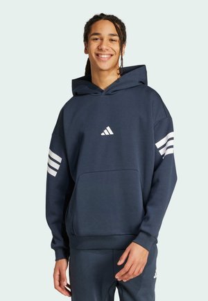 Navy blue hoodie made of cotton blend, featuring a front pocket, white Adidas logo, and three white stripes on each sleeve.