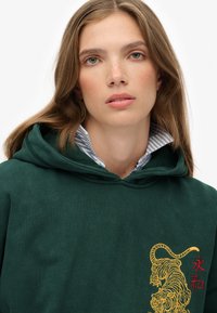 Hoodie vert avec un capuche à cordons, avec une broderie de tigre jaune et rouge. En dessous, un col de chemise à rayures bleues et blanches est visible.