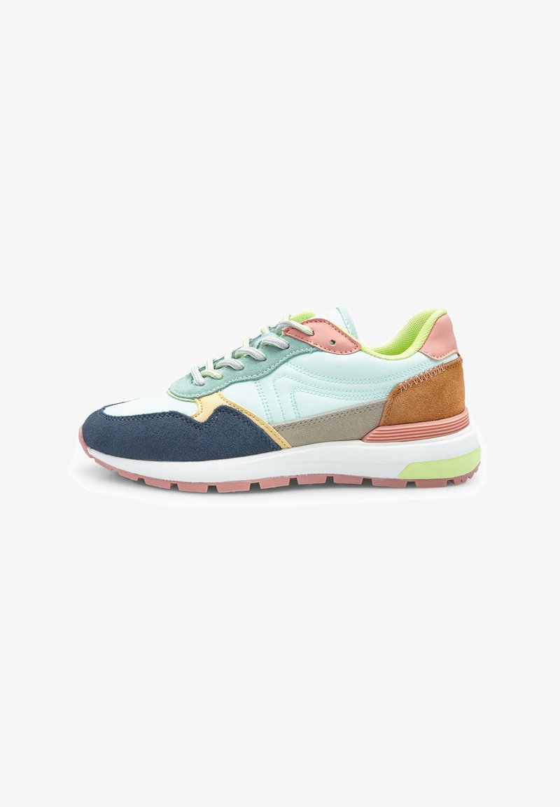 Multi-colored sneaker featuring a mix of materials: light blue leather, dark blue suede, tan accents, and a textured pink sole.