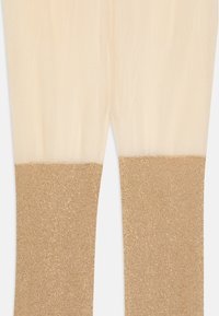 Beige tights with a glossy texture, featuring a solid gold-hued glitter band at the bottom. Smooth finish and form-fitting design.