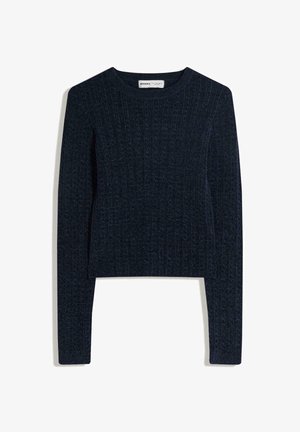 Námořnicky modrý žebrovaný pletený svetr s kulatým výstřihem, dlouhými rukávy a zkráceným střihem. Texturovaná látka a jemné detaily na lemu.