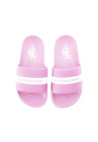 Rosa halkläppar med en texturerad yta, med ett vitt accentband som har texten "U.S. POLO ASSN." och en polo-spelare logotyp på ovansidan.
