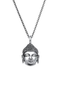 Hõbedane Buddha pea ripats mustal kettide. Ripatsil on detailne näo ilu ja tekstureeritud juuksed. Lihtne, elegantne disain.