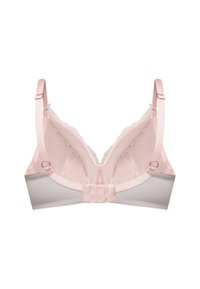 Biustonosz z koronkowym wykończeniem w delikatnym różu i szarości. Posiada regulowane ramiączka, zapięcie na haftkę oraz gładki, teksturowany pas.