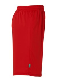 Røde sportsshorts lavet af syntetisk stof, med elastisk talje og et lille mærke i nederste venstre hjørne. Glat tekstur.