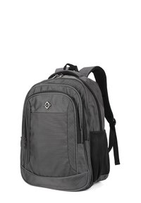 Sac à dos gris en tissu durable, avec plusieurs compartiments zippés, une poche latérale en mesh et des bretelles rembourrées pour plus de confort.