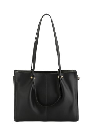 Czarna skórzana torba typu tote z dwoma długimi paskami na ramię i prostymi złotymi elementami ozdobnymi, o prostokątnym kształcie i gładkim wykończeniu.