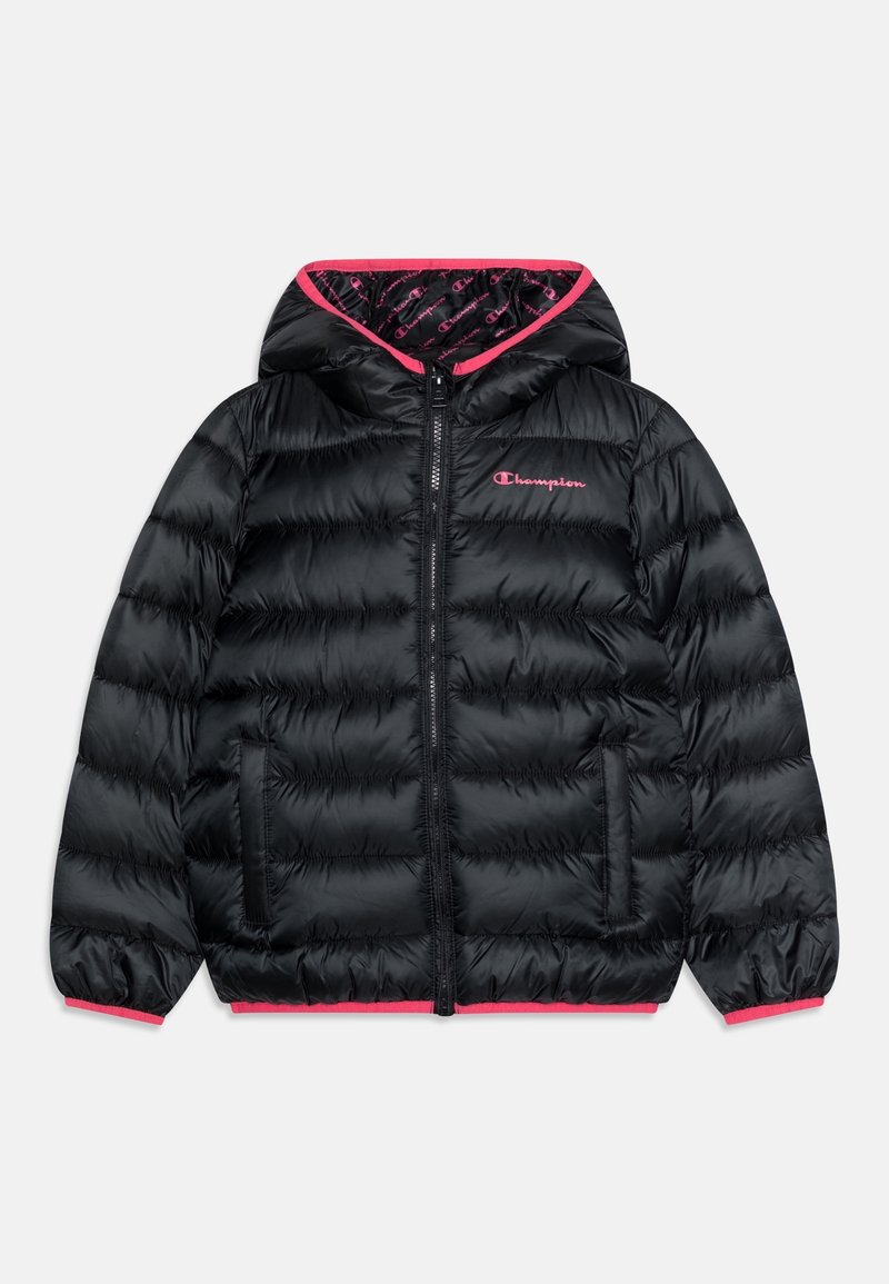 Black puffer jacket with a hood, featuring a pink interior liner and striped cuffs. Includes zip closure and two side pockets.