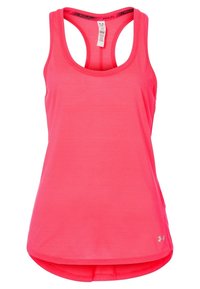 Sytě růžový sportovní top s výstřihem ve tvaru lodičky a designem na ramínka. Obsahuje jemné vodorovné pruhy a zakřivený lem.