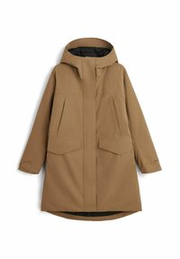 Brun vattentät parka med huva, som har två stora framfickor, en midjelång design och en texturerad, slät tygfinish.