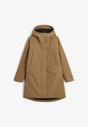Brun vattentät parka med huva, som har två stora framfickor, en midjelång design och en texturerad, slät tygfinish.