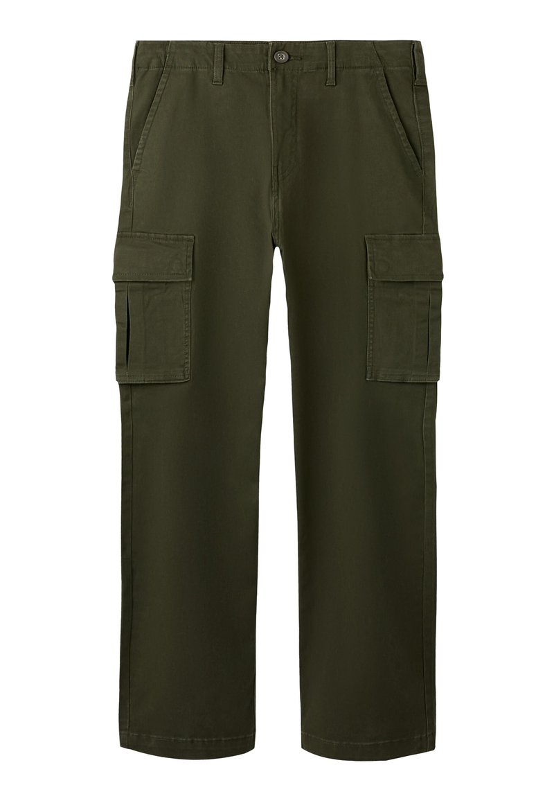 Olivengrønne cargobukser med rett passform, laget av bomull. Har to store sidelommer og vanlige frontlommer.