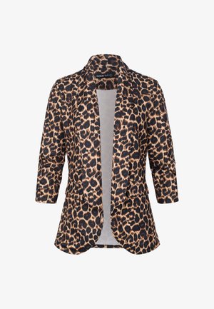 Leopardmuster Blazer mit Kragen, Dreiviertelärmeln, zwei Fronttaschen und weichem, leichtem Stoff.
