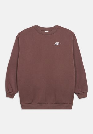 Felpa girocollo marrone Nike con maniche lunghe e polsini a costine, con un piccolo logo Nike bianco sul lato sinistro del petto.