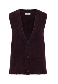 bez rękawów, kamizelka w głębokim dekolcie V w ciemnofioletowym kolorze, textured fabric z prążkowanym dołem i guzikiem z przodu z czterema dopasowanymi guzikami.