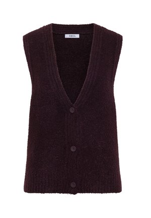 Ärmellose Weste mit tiefem V-Ausschnitt aus dunkelviolettem, strukturiertem Stoff, mit geripptem Saum und vorderer Knopfleiste, die mit vier passenden Knöpfen versehen ist.
