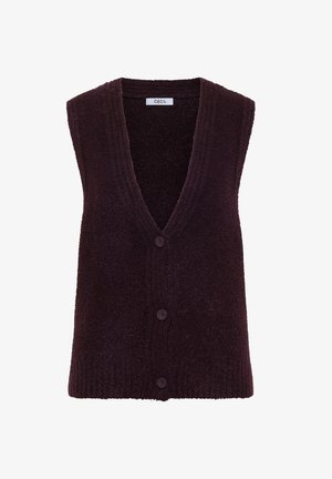 bez rękawów, kamizelka w głębokim dekolcie V w ciemnofioletowym kolorze, textured fabric z prążkowanym dołem i guzikiem z przodu z czterema dopasowanymi guzikami.