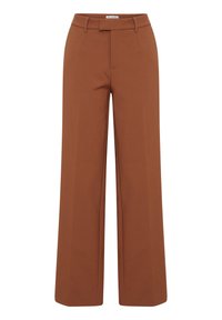 Pantaloni a gamba larga in tessuto color ruggine, con un design sartoriale, pinces frontali e una vita di media altezza. Texture liscia con linee pulite.