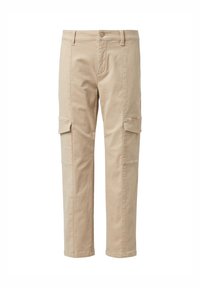 Beige cargobroek met rechte snit, voorzien van twee zijzakken en een knoopsluiting. Gemaakt van een katoenen mengsel met een gladde textuur.