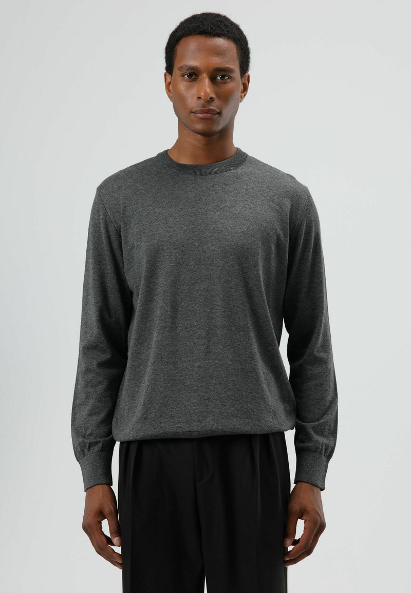 Grijs T-shirt met lange mouwen gemaakt van zachte stof, voorzien van een ronde halslijn en geribde manchetten, gecombineerd met een zwarte broek. Eenvoudig en klassiek ontwerp.