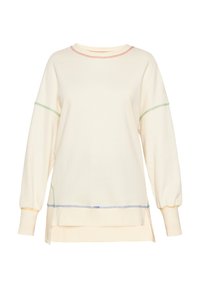 Felpa di colore crema con maniche lunghe e colletto rotondo. Presenta cuciture a contrasto in rosso, verde e blu, e un orlo stratificato.