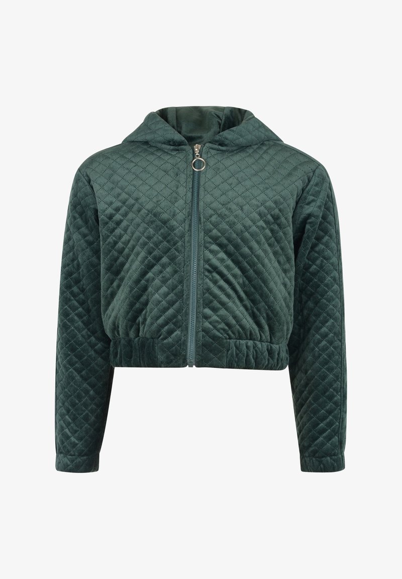 Chaqueta acolchada con capucha en verde oscuro. Presenta un cierre frontal con cremallera, dobladillo acanalado y una textura suave y aterciopelada con patrón de diamantes.