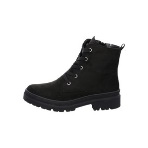 Black suede ankle boot with lace-up front, metal eyelets, side zipper, and rugged rubber sole, viewed from the side.