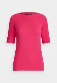 Fuchsia rosa kortärmad skjorta med rund halsringning och uppvikt ärmdetalj. Tillverkad av slätt tyg, med rak fåll och minimalistisk design.