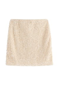 Beige paljettminikjol med en texturerad, fluffig yta, med en figursydd siluett och resårmidja.