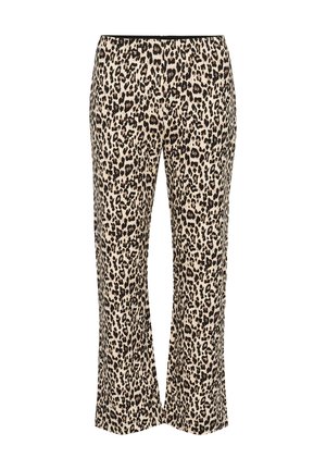 Leopard print pants with a stretchy fabric, featuring a contrasting black waistband and a flared leg design, suitable for casual wear.