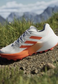 Hvid og orange trail løbesko på en grussti med grønt græs og bjerge i sløret baggrund.