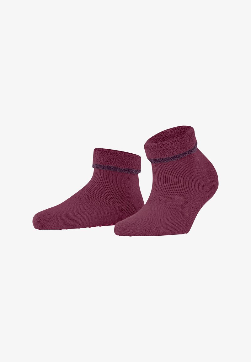 Para złożonych skarpet z mankietem, sięgających kostki, w ciemnofioletowym kolorze z materiału frotte, z punktami antypoślizgowymi na podeszwie.