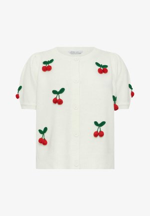 Cardigan bianco a maniche corte con bottoni frontali, decorato con applicazioni di ciliegie rosse con foglie verdi sparse sul davanti e sulle maniche.