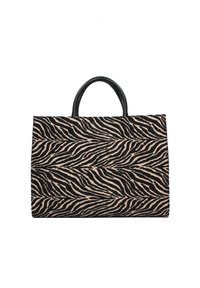 Sac à main rectangulaire avec des rayures zèbre noires et beiges et des poignées rondes noires sur fond blanc.