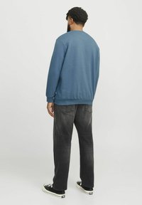 Blue sweatshirt with ribbed cuffs and hem, paired with black jeans and black sneakers. The fabric is smooth, with a relaxed fit and crew neckline.