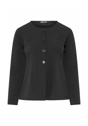 Cardigan nero a maniche lunghe con quattro bottoni frontali, scollatura tonda e cuciture sagomate su busto e vita per una forma aderente.