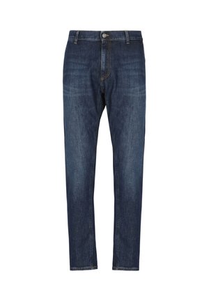 Jeans in denim blu scuro slim-fit da uomo, con chiusura a bottoni e cerniera, passanti per cintura e leggera scoloritura sulle cosce.