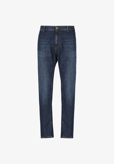 Jeans in denim blu scuro slim-fit da uomo, con chiusura a bottoni e cerniera, passanti per cintura e leggera scoloritura sulle cosce.