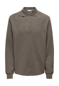 Bruine fleece pullover met een ritskraag, lange mouwen en geribde boorden. Gestructureerde stof met een zachte, comfortabele uitstraling.