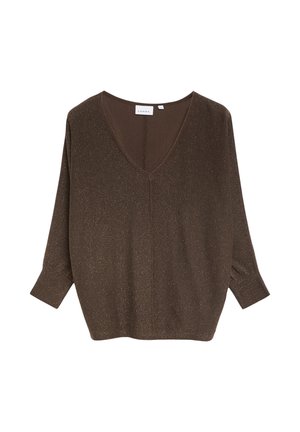 Brązowy, metaliczny, błyszczący sweter z dzianiny z dekoltem w serek, długimi rękawami, luźnym krojem i ściągaczami przy mankietach.