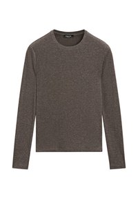 Bruin shirt met lange mouwen gemaakt van gestructureerde stof met een ronde hals, voorzien van een subtiele glans en een losse pasvorm.