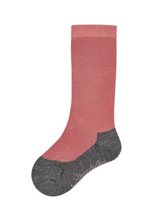 Kniestrümpfe in Korallenpink mit einem kontrastierenden dunkelgrauen Zehen- und Fersenbereich. Aus einem gerippten Strickmaterial gefertigt. Einfaches Design, keine Muster.