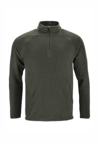 Olivengrøn fleecepullover med halv-zip krave, lange ærmer og et tekstureret stof. Har et lille logo på brystet.