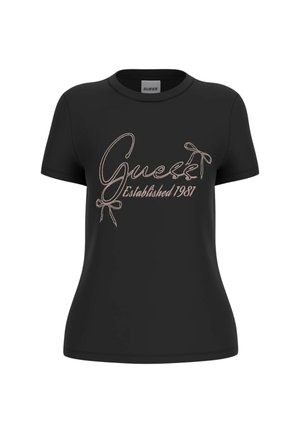 T-shirt nera a maniche corte aderente con "Guess Established 1981" ricamato in corsivo e due disegni di fiocchi ricamati sul davanti.