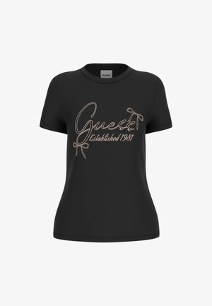 T-shirt nera a maniche corte aderente con "Guess Established 1981" ricamato in corsivo e due disegni di fiocchi ricamati sul davanti.