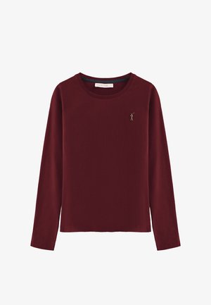 Langetermijn, ronde hals T-shirt, bordeaux kleur, gemaakt van zachte stof, met een klein geborduurd logo op de borst.