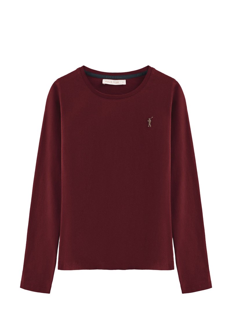 Camiseta de manga larga, con cuello redondo, color burdeos, hecha de una tela suave, con un pequeño logo bordado en el pecho.