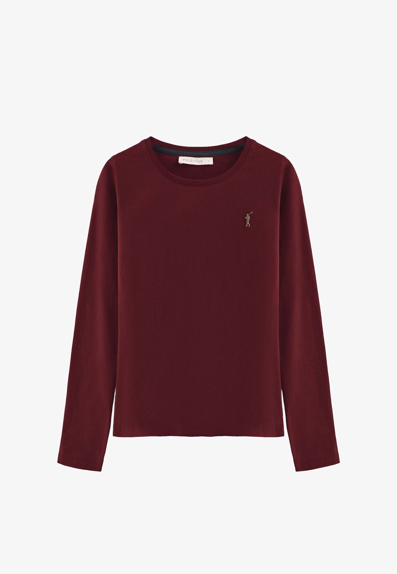 Camiseta de manga larga, con cuello redondo, color burdeos, hecha de una tela suave, con un pequeño logo bordado en el pecho.